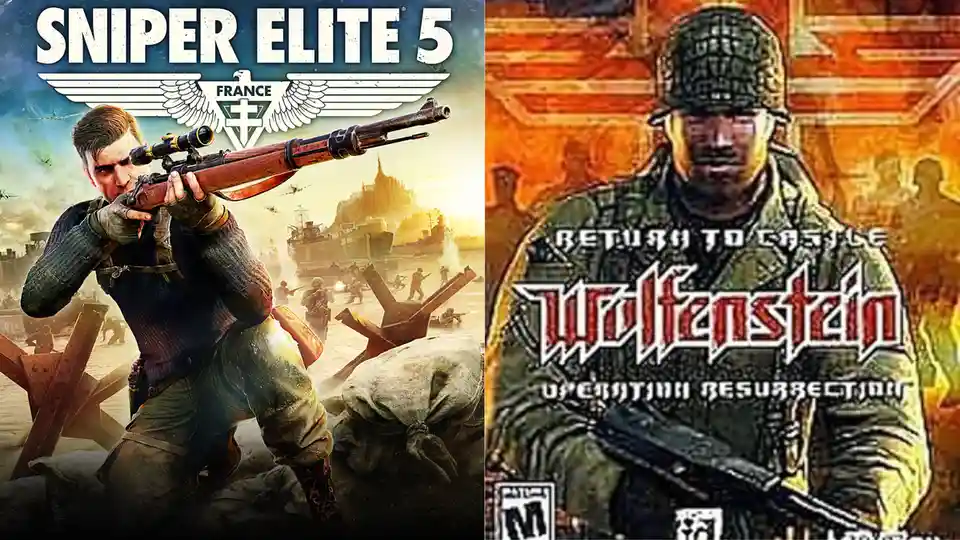 The image is a side-by-side comparison of two video game covers. The left side shows the official cover art for 'Sniper…
