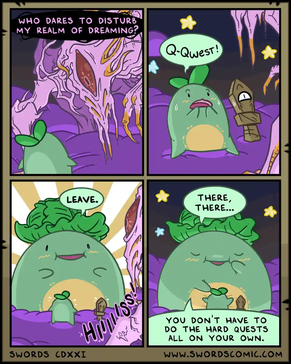 A four-panel comic shows a small green creature with a leafy head and a wooden sword nervously approaching a large, menacing…