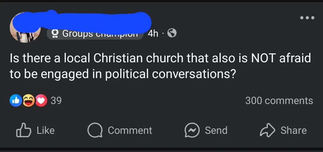 A screenshot of a Facebook post from a user with a blurred profile picture and 'Groups Champion' badge, asking if there's a…