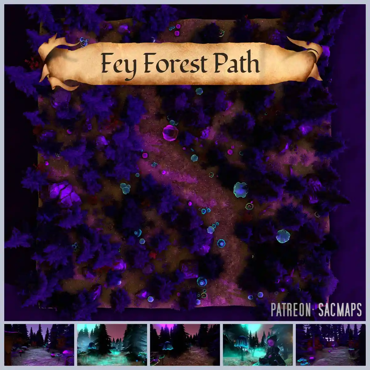 An overhead fantasy map titled 'Fey Forest Path' shows a winding path through a dense, purple-hued forest with glowing…