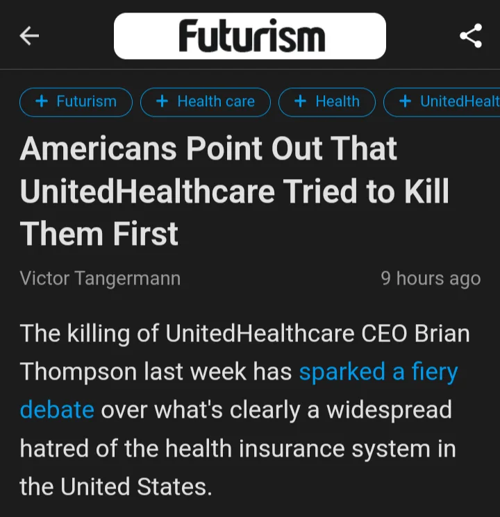 A screenshot of a Futurism news article with the headline 'Americans Point Out That UnitedHealthcare Tried to Kill Them…