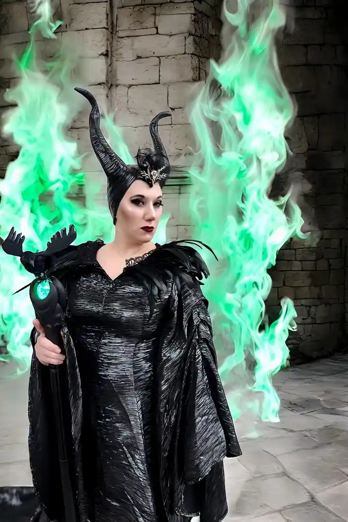A person dressed as the Disney villain Maleficent, wearing a black horned headdress, a black textured gown with feathered…