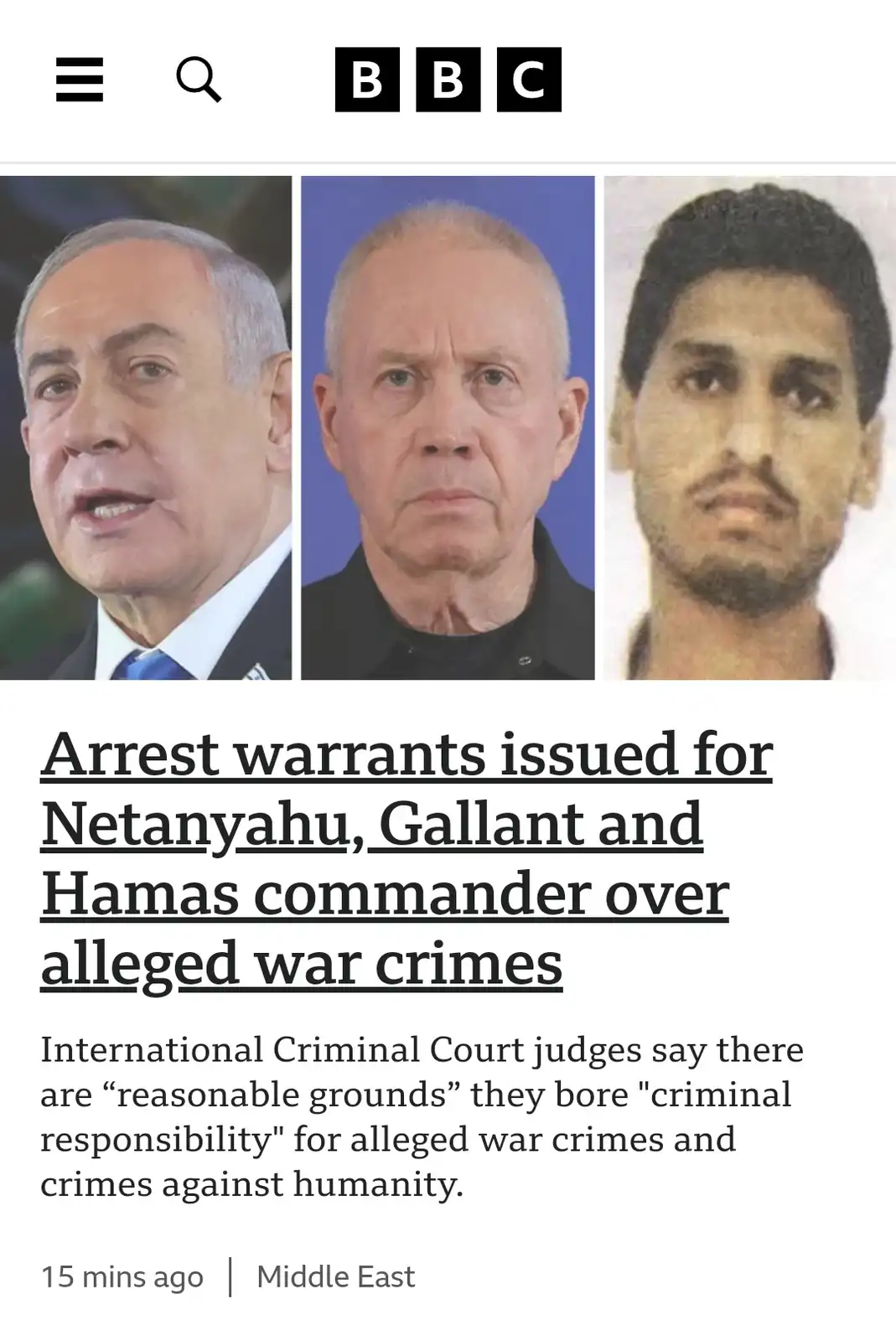 A BBC news screenshot shows three men's photos above a headline about arrest warrants for war crimes. The image includes…