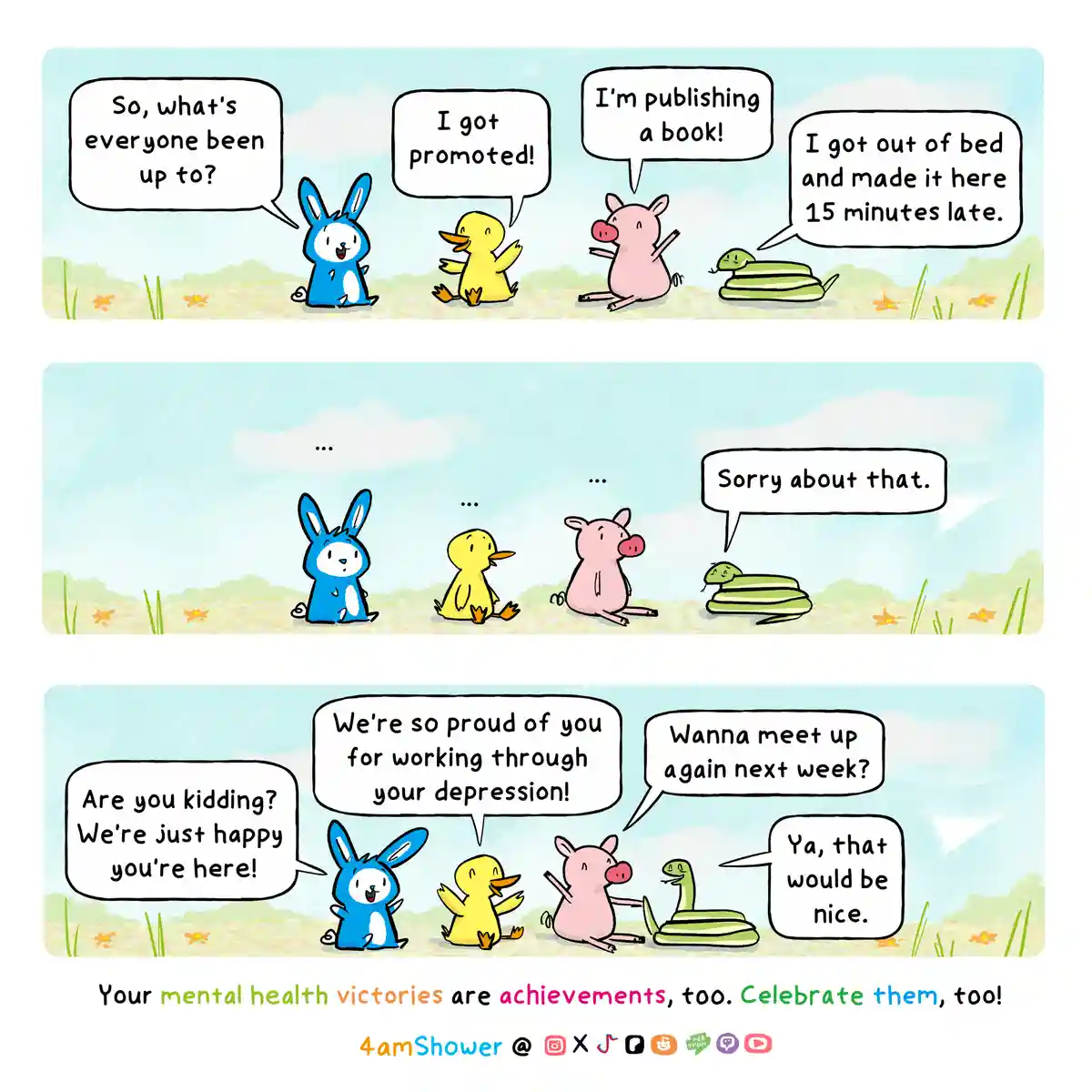 A three-panel comic shows a blue rabbit asking animal friends what they've been up to. A duck says 'I got promoted!', a pig…