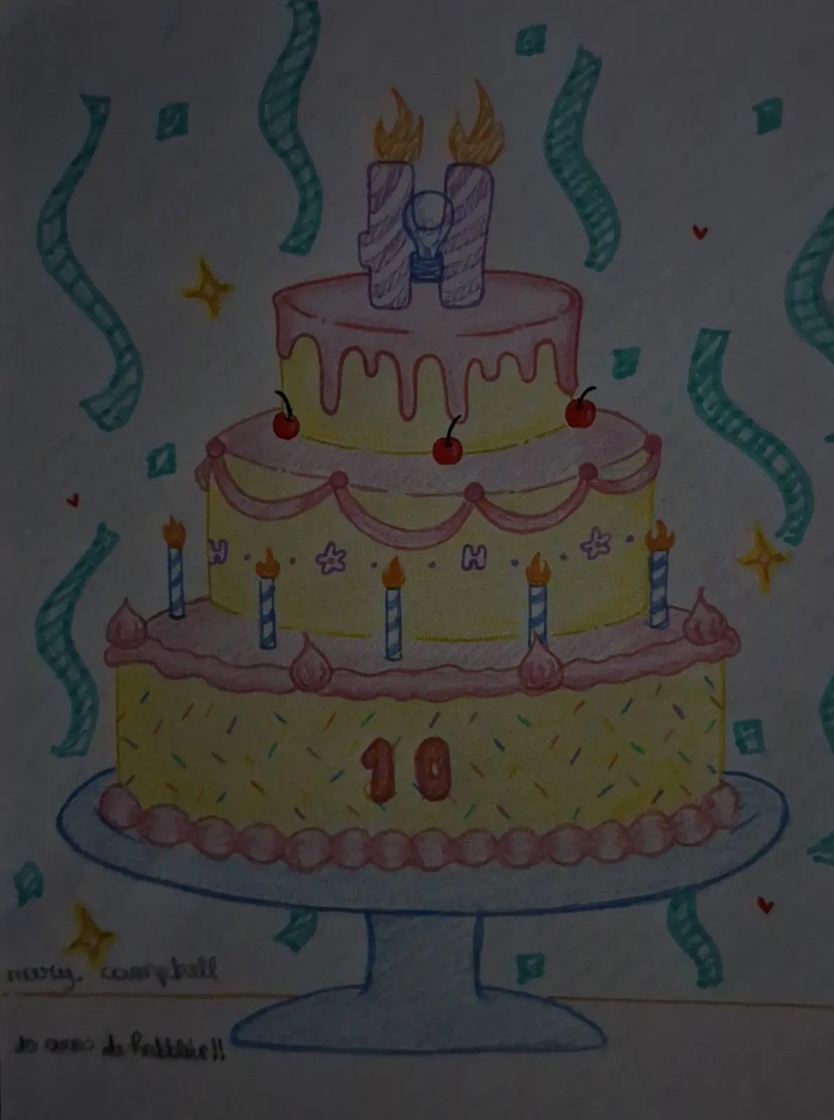 A hand-drawn, colorful birthday cake with three tiers, pink frosting, and candles, including two shaped like the number '10'…