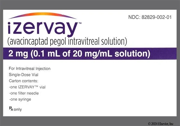 The image displays a pharmaceutical label for 'izervay', which is identified as 'avacincaptad pegol intravitreal solution'…