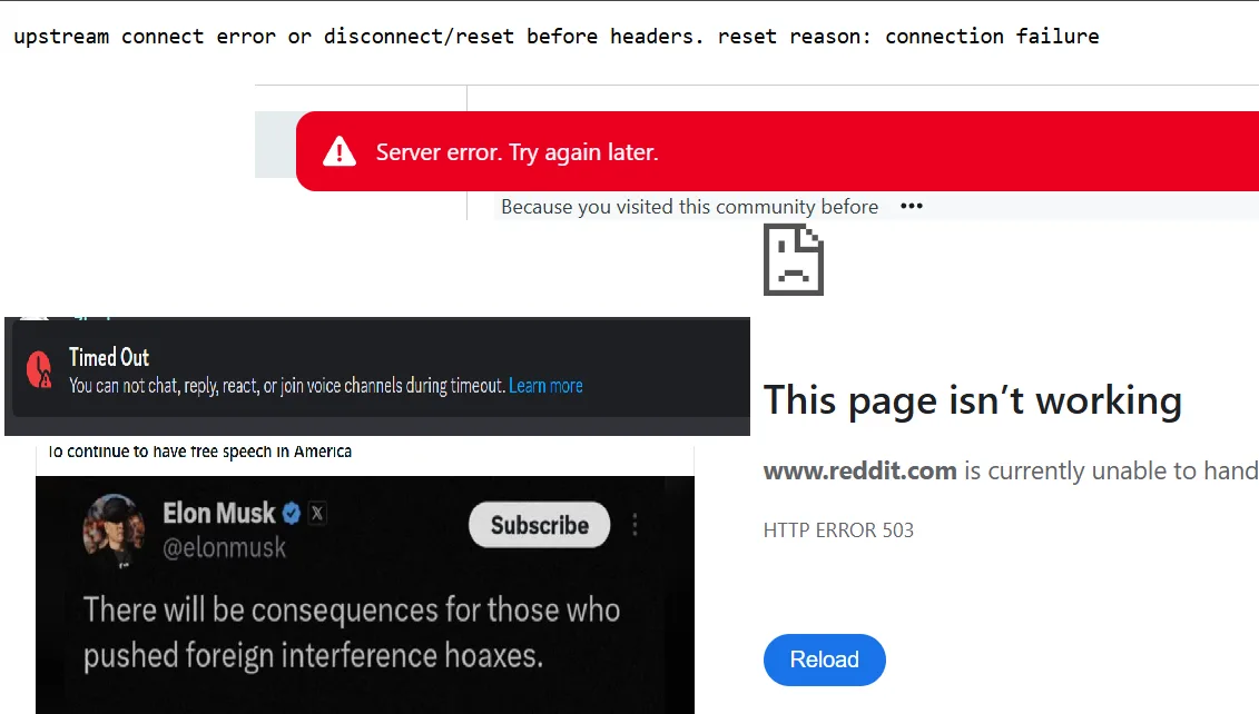 A screenshot collage shows multiple internet error messages layered over each other, including a red 'Server error. Try…