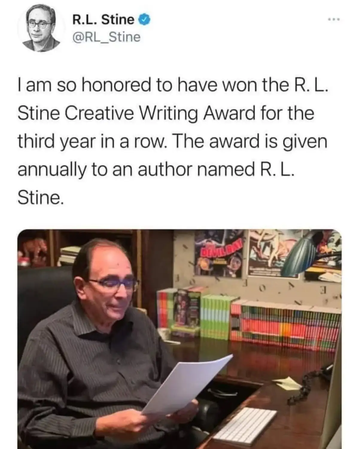 A screenshot of a tweet from R.L. Stine's verified Twitter account, where he expresses honor at winning an award named after…