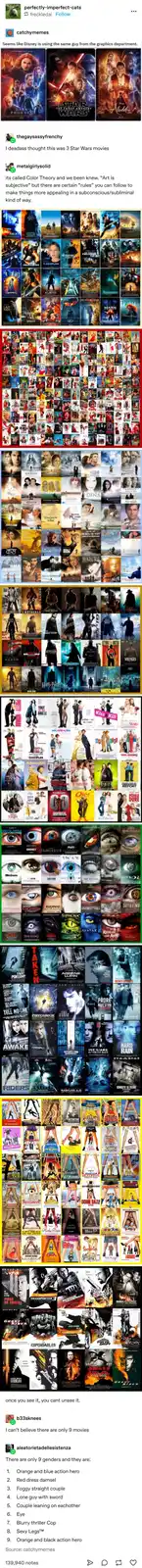 The image displays a vertical collage of movie posters grouped by color palette. The top section shows three Disney/Pixar…