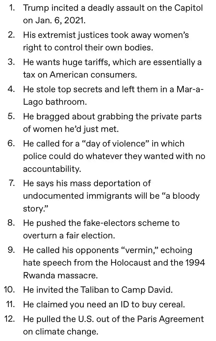 A white background image displays a numbered list of 12 accusations against Donald Trump, each item detailing a specific…