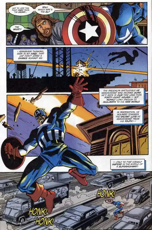 A comic book panel shows Captain America leaping through a modern city street filled with cars, with text boxes describing…