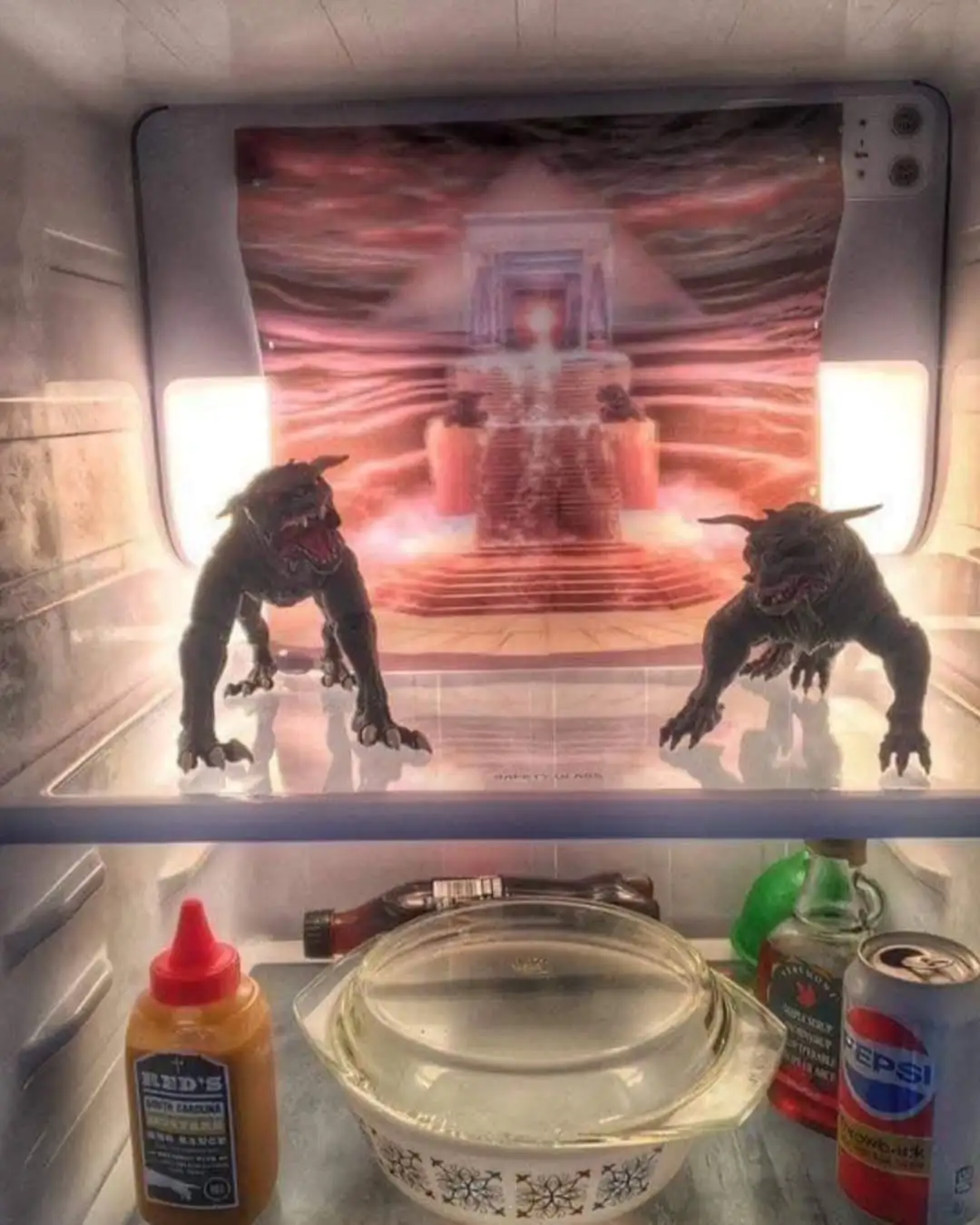 The image shows the inside of a refrigerator with two demonic action figures positioned on the top shelf, facing each other…