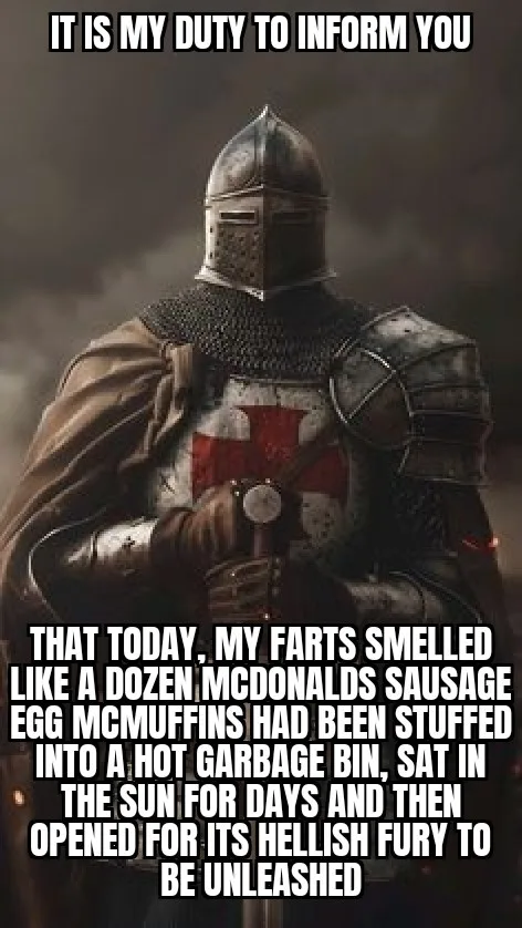 A knight in full medieval armor, including a helmet and chainmail, stands solemnly with a red cross on his chest. Overlaid…