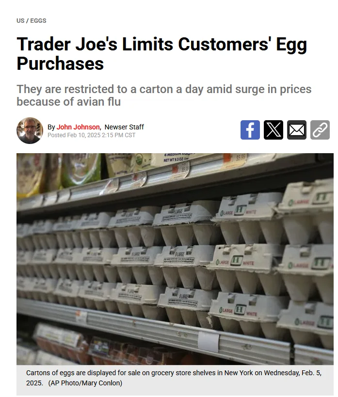 A screenshot of a news article about Trader Joe's limiting egg purchases to one carton per day due to high prices from avian…