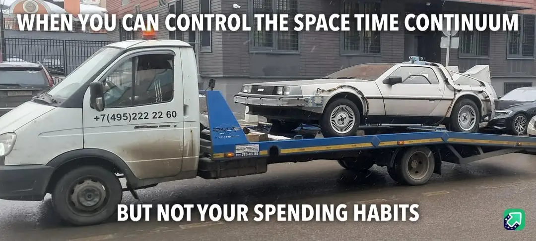 A white tow truck with a blue flatbed is hauling a white DeLorean DMC-12, which has visible damage and is missing its front…