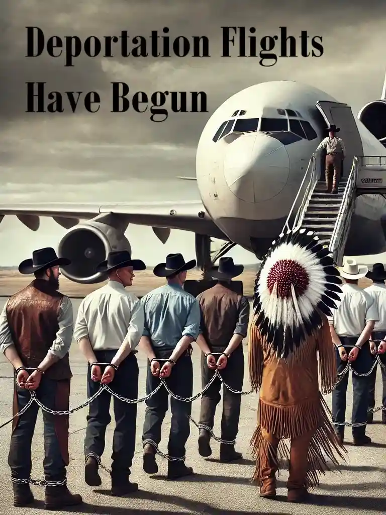 A group of men in cowboy hats, chained together, walk toward a large airplane on a tarmac. One man in the foreground wears a…