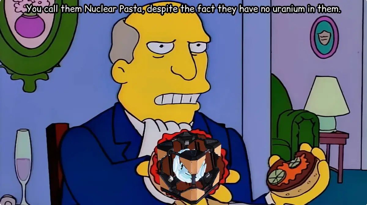 A cartoon man in a blue suit holds a bizarre, complex food item resembling a nuclear reactor core on a plate, while also…