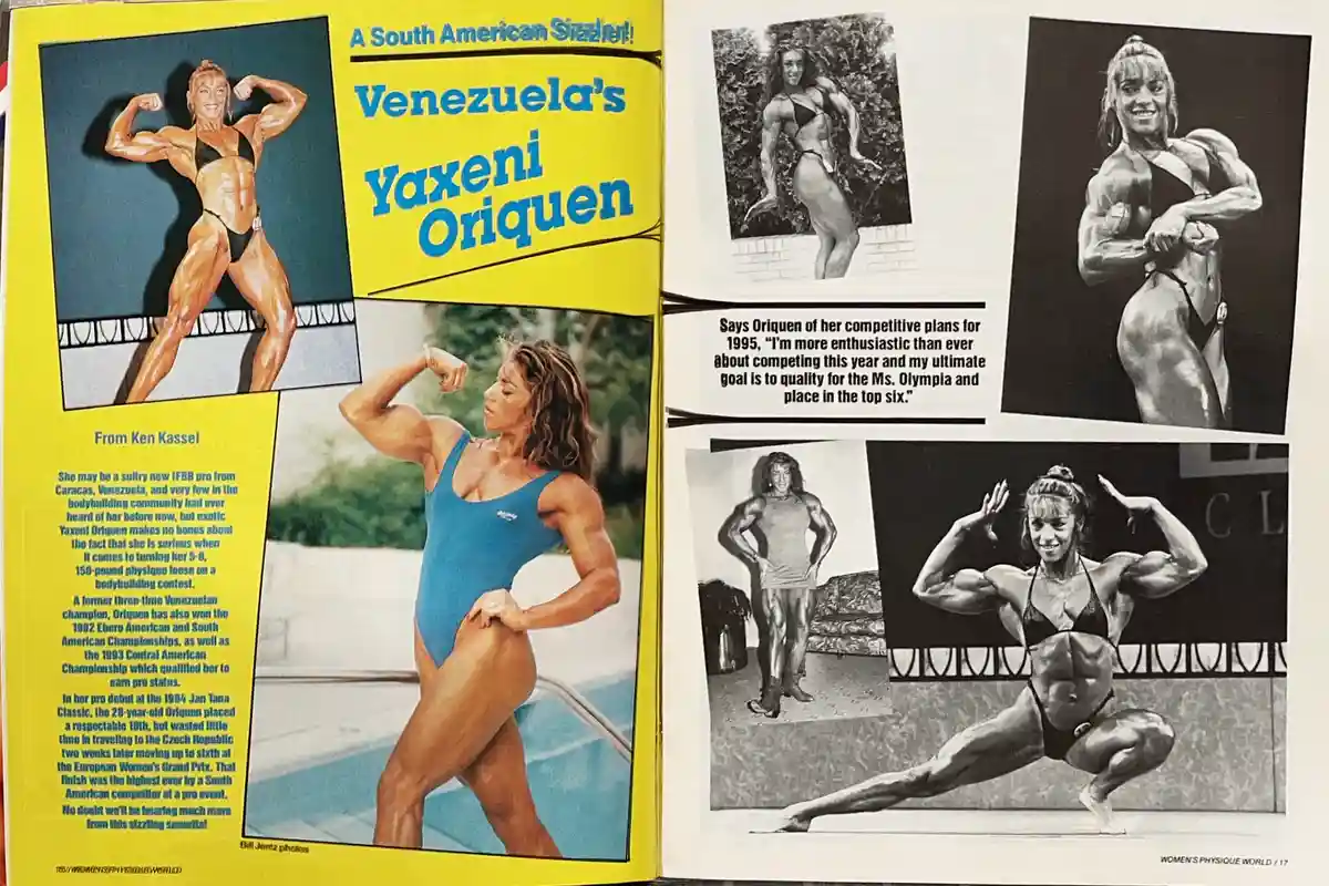 A magazine spread from 'Women's Physique World' featuring Venezuelan bodybuilder Yaxeni Oriquen, with multiple photos of her…