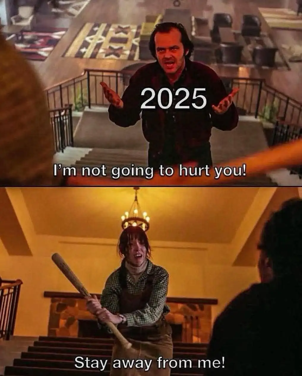 The top panel shows Jack Nicholson as Jack Torrance from 'The Shining', standing at the top of a grand staircase with his…