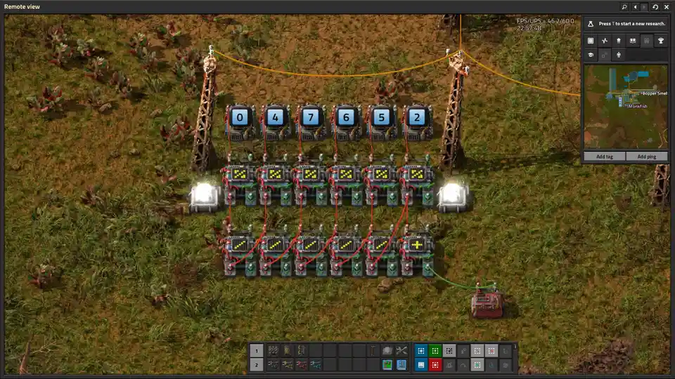 A screenshot from the game Factorio showing a complex power grid with six numbered power poles (0, 4, 7, 6, 5, 2) connected…