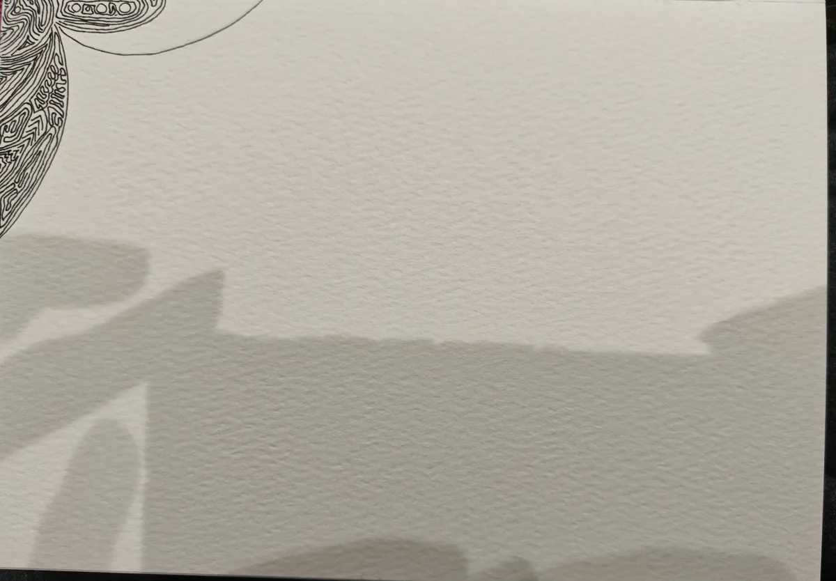 A close-up of textured white paper shows a partial black ink drawing of a stylized, intricate butterfly on the top left. The…