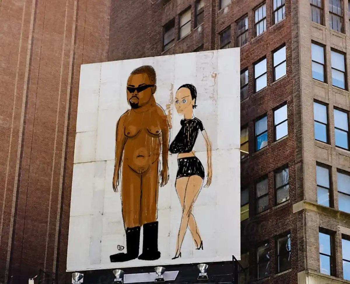 A large outdoor billboard on a brick building shows a cartoon-style illustration of a shirtless man with sunglasses and…