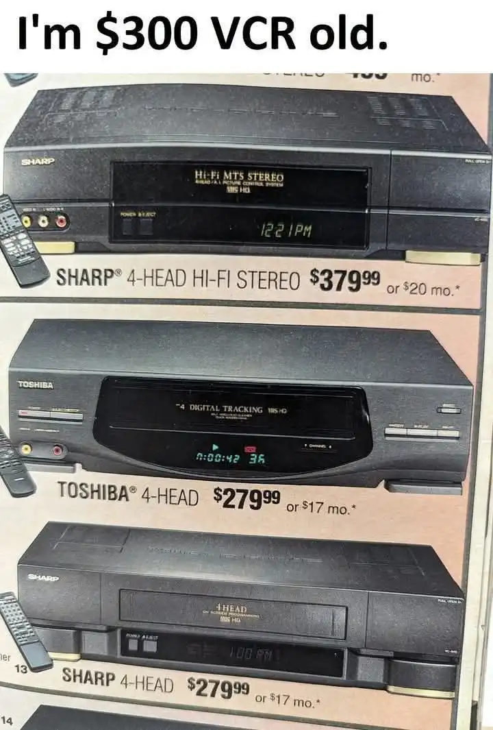 An advertisement showing three black VCRs stacked vertically, each with a remote control to the left. The top VCR is a Sharp…
