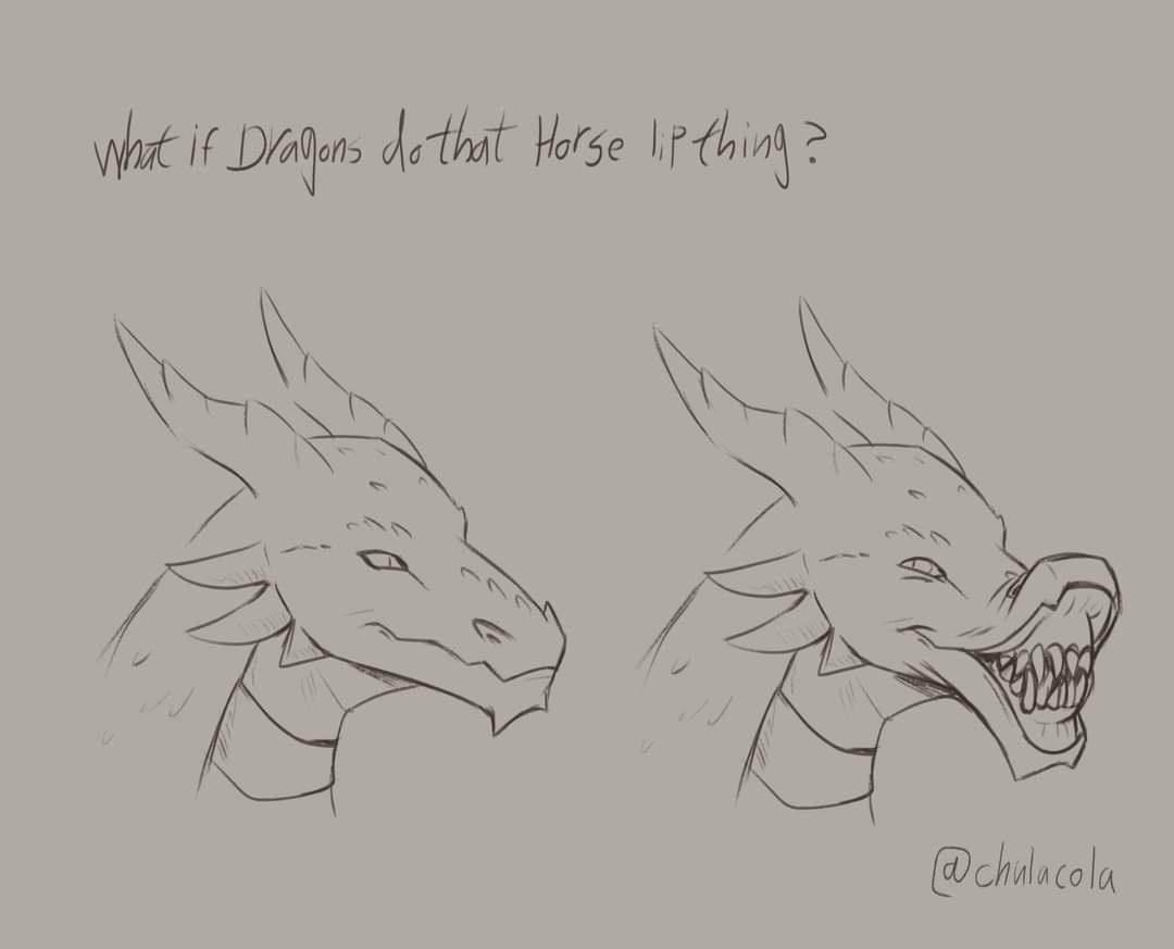 A sketch shows two dragon heads side by side; the left is neutral, the right has its mouth open in a wide grin with teeth…