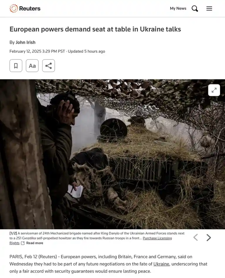 A Reuters news article screenshot shows a Ukrainian serviceman in a camouflaged trench next to a 2S1 Gvozdika self-propelled…