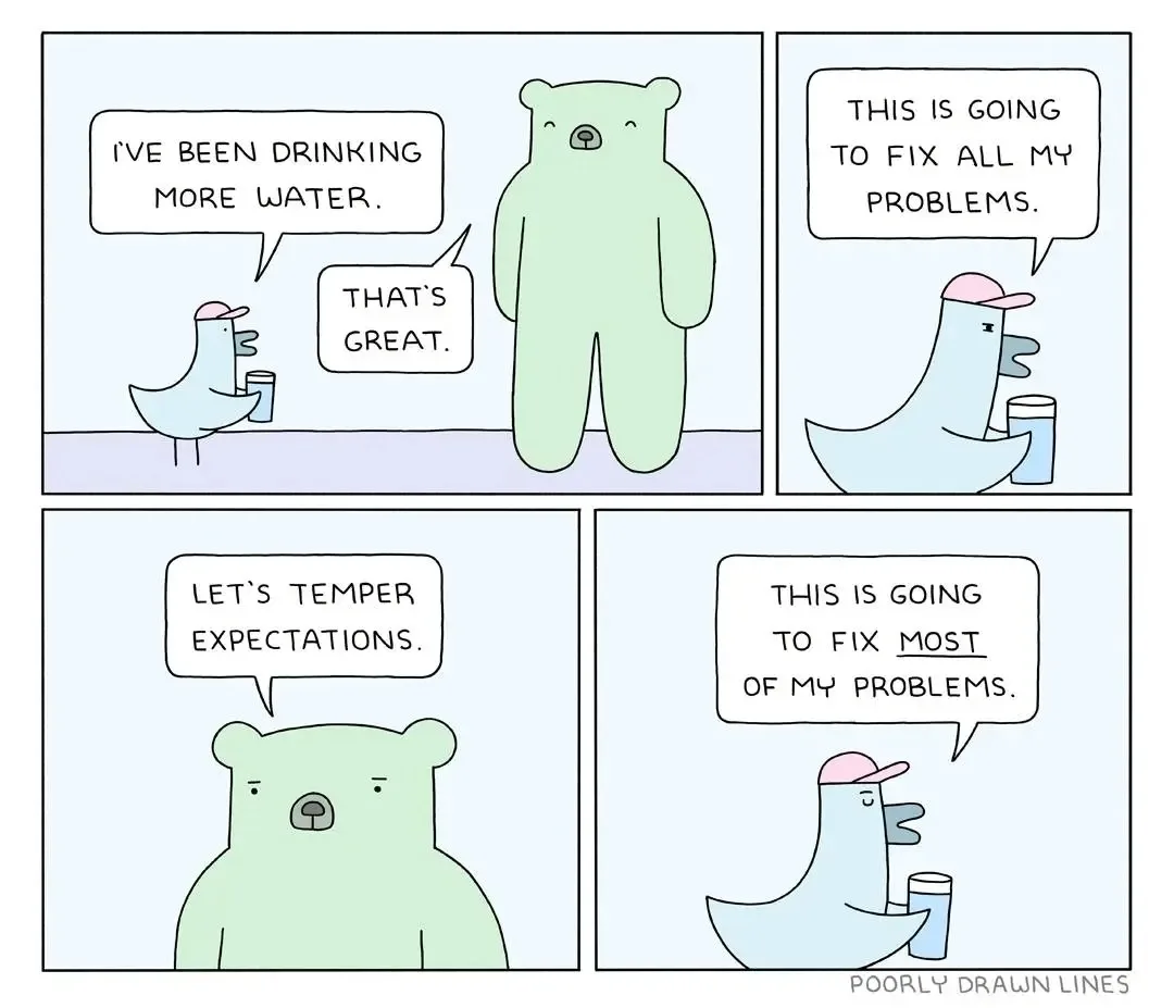 A four-panel comic strip featuring a light blue bird with a pink cap and a light green bear. The bird tells the bear it's…