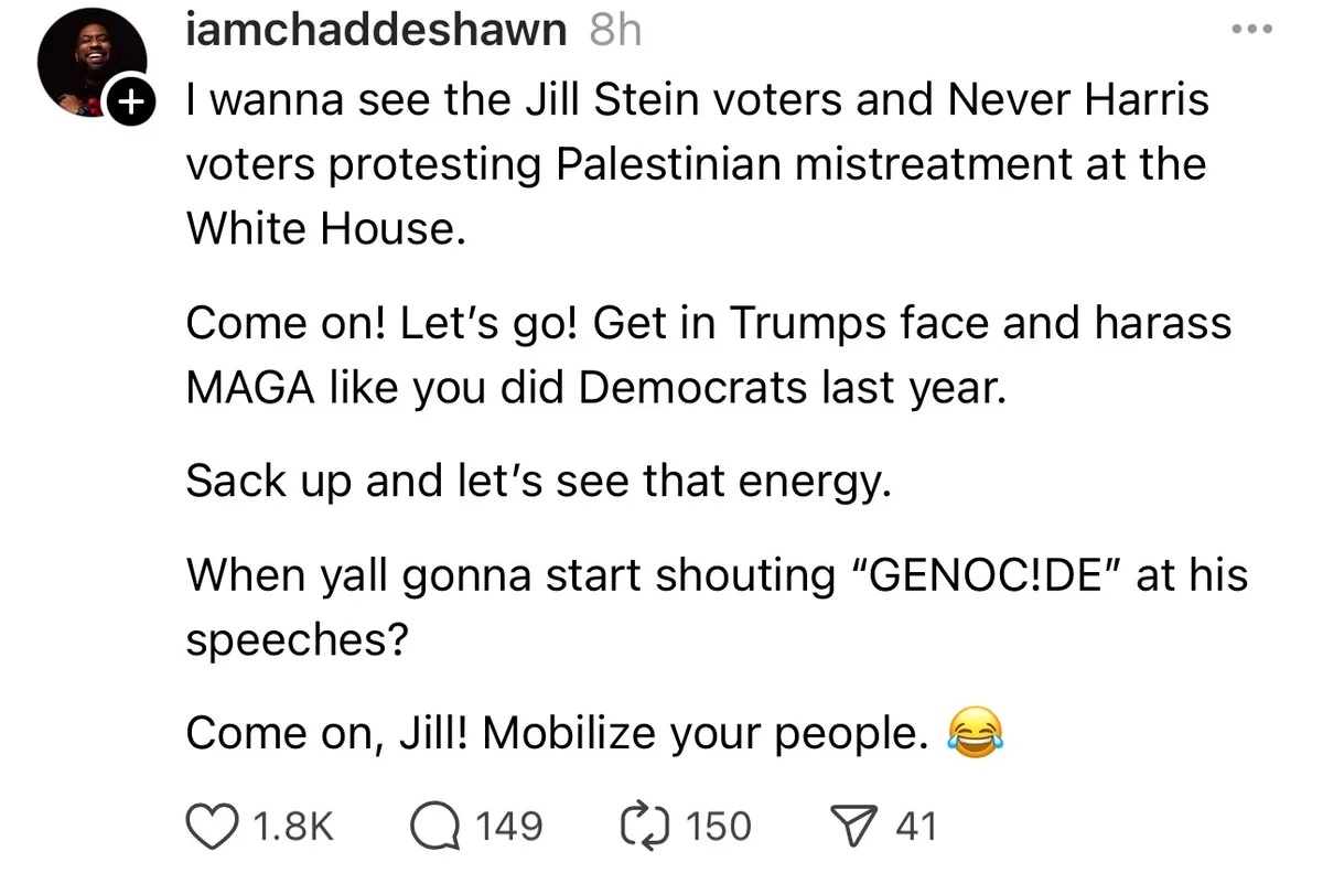 A screenshot of a social media post by user 'iamchaddeshawn' with a text overlay that reads: 'I wanna see the Jill Stein…