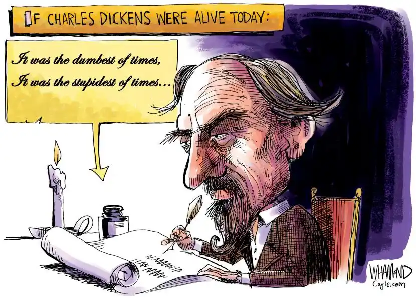 A cartoon caricature of Charles Dickens, with a large nose and bushy beard, is seated at a desk writing with a quill pen. A…