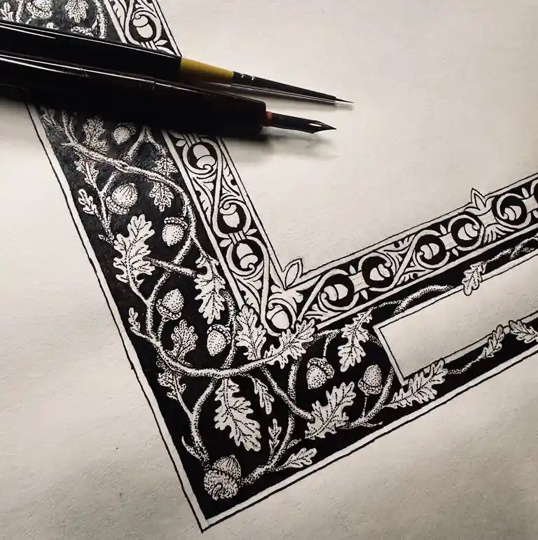 A close-up of a black-and-white ink drawing on textured paper, featuring intricate, ornate borders with oak leaves and…
