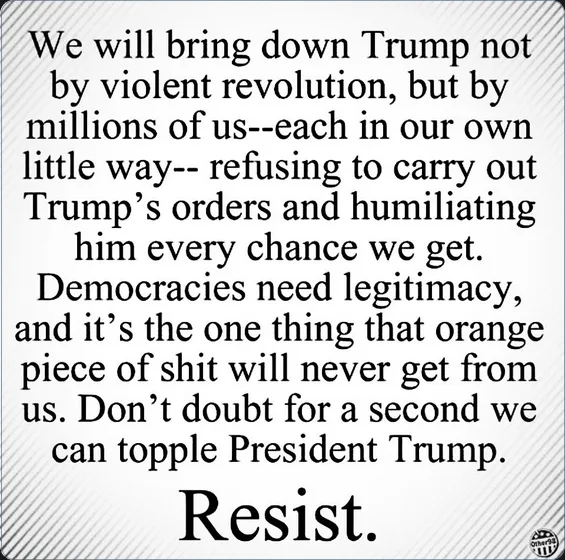 A black-and-white image with bold black text on a diagonally striped gray background. The text is a political statement…