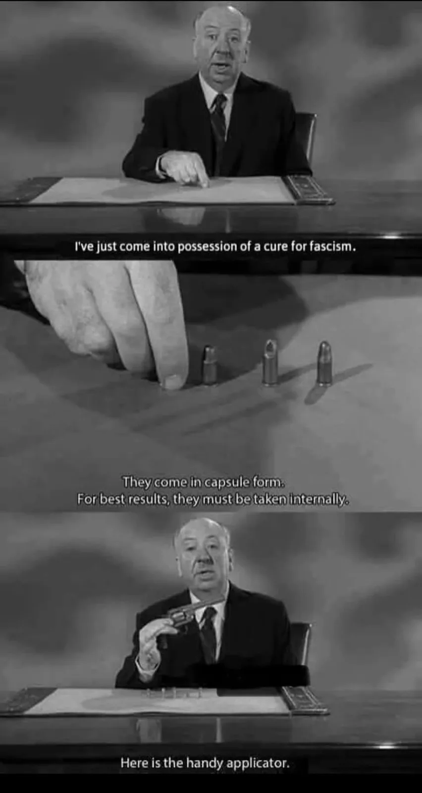 A black-and-white three-panel image from the 1943 film 'The Maltese Falcon' featuring actor Peter Lorre. In the top panel…