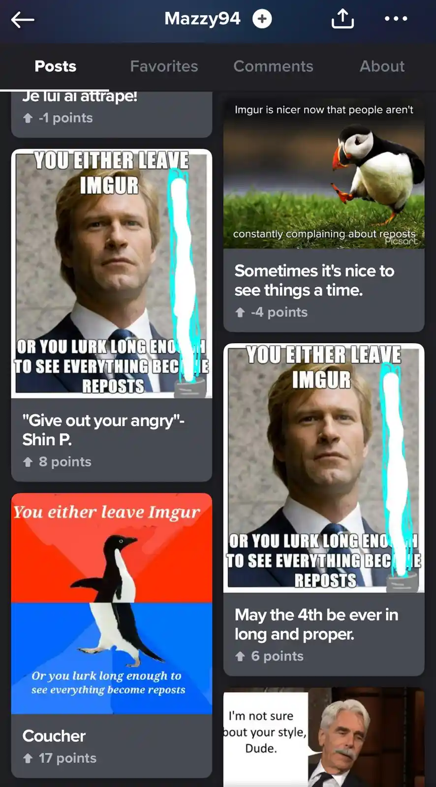 The image displays a screenshot of an Imgur user's post feed, featuring multiple reposts of the same meme. The central meme…