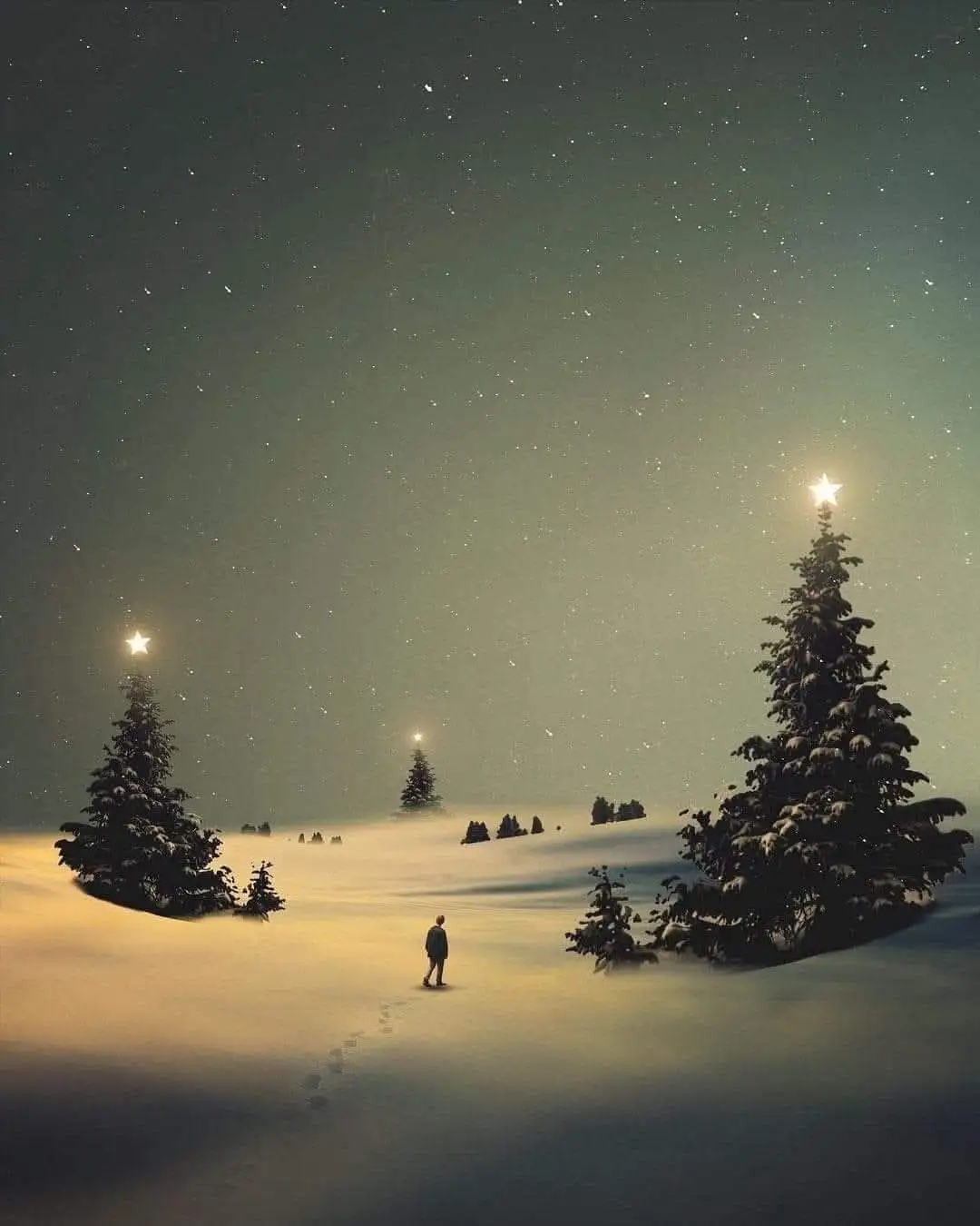A lone person walks through a snowy, starry landscape with several evergreen trees, each topped with a glowing star. The…