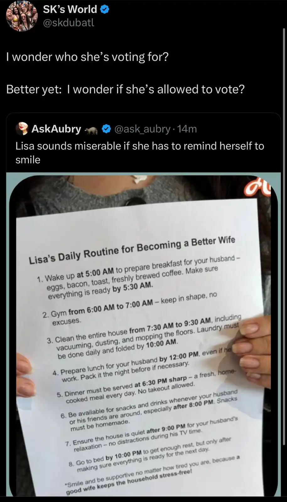 A person holds up a printed list titled 'Lisa's Daily Routine for Becoming a Better Wife,' detailing tasks like waking up at…