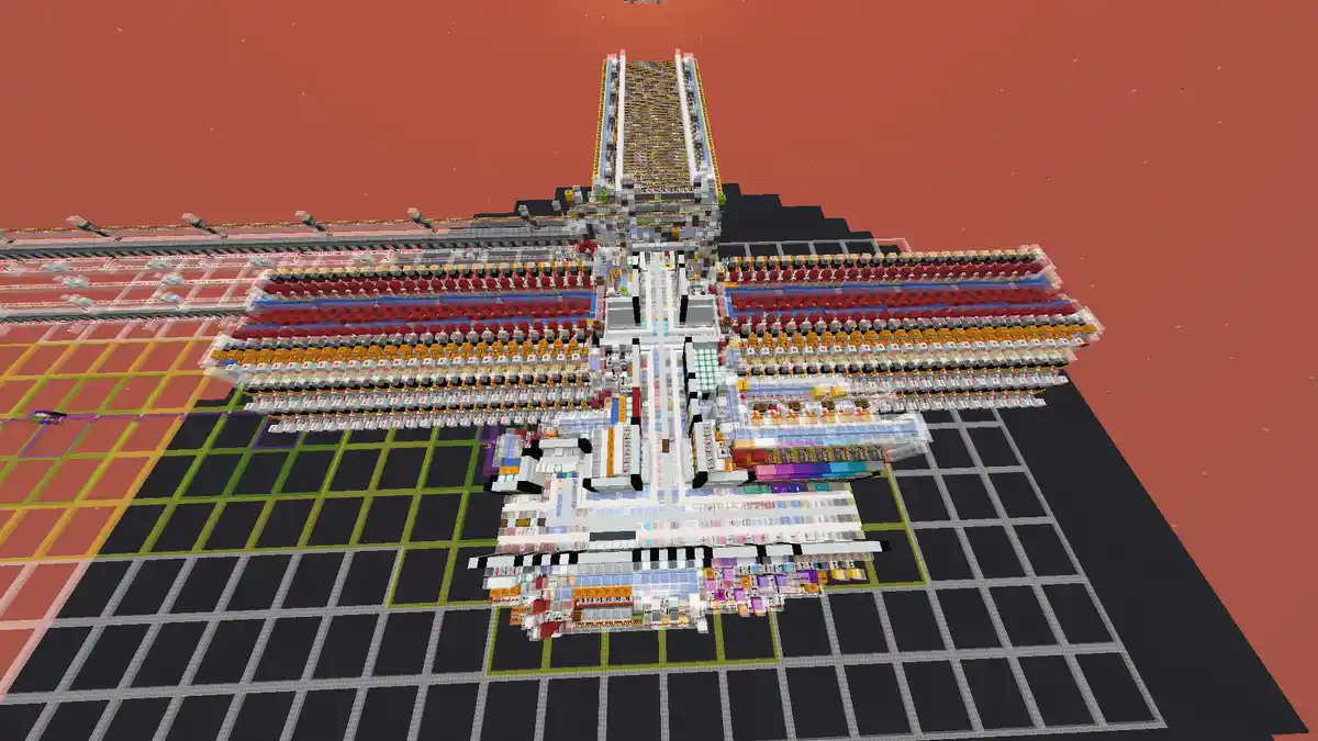 An aerial view of a massive, highly detailed Minecraft train station built with colorful blocks, featuring multiple…