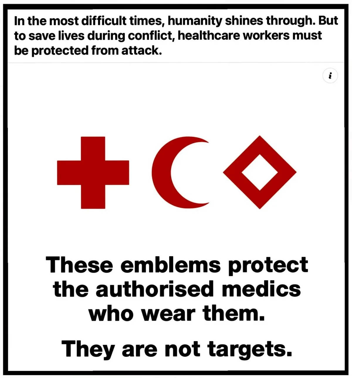 The image displays three red medical emblems — a cross, a crescent, and a diamond — against a white background. Overlaid…