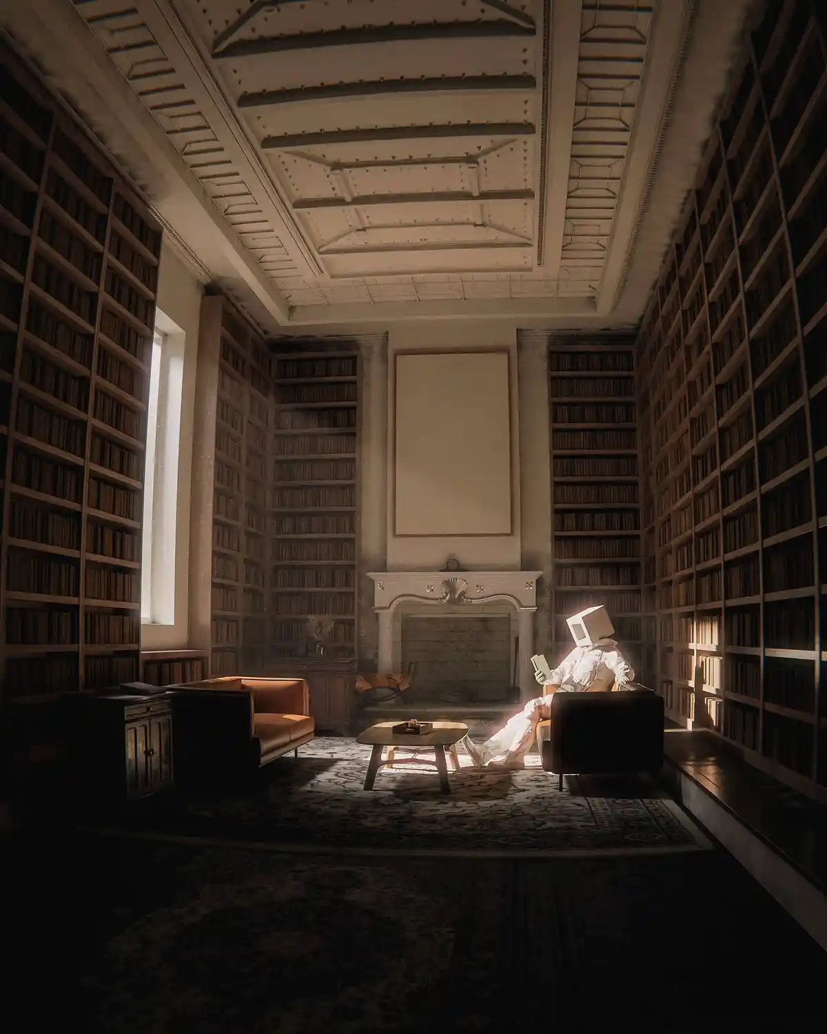 A person in a white astronaut suit with a vintage computer monitor for a head sits in a chair in a grand, dimly lit library…
