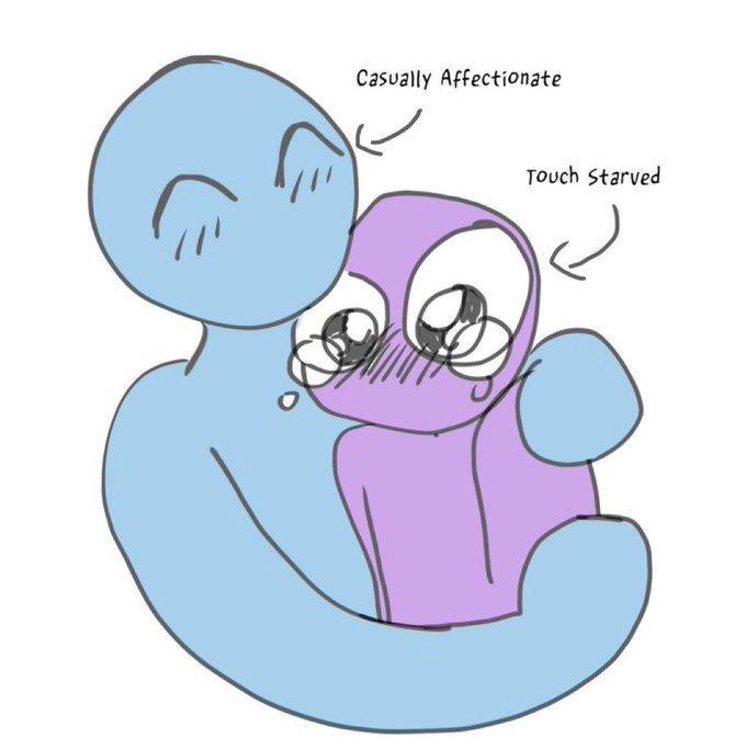 A simple cartoon drawing shows a large, blue, smiling figure hugging a smaller, purple figure with wide, tearful eyes. The…