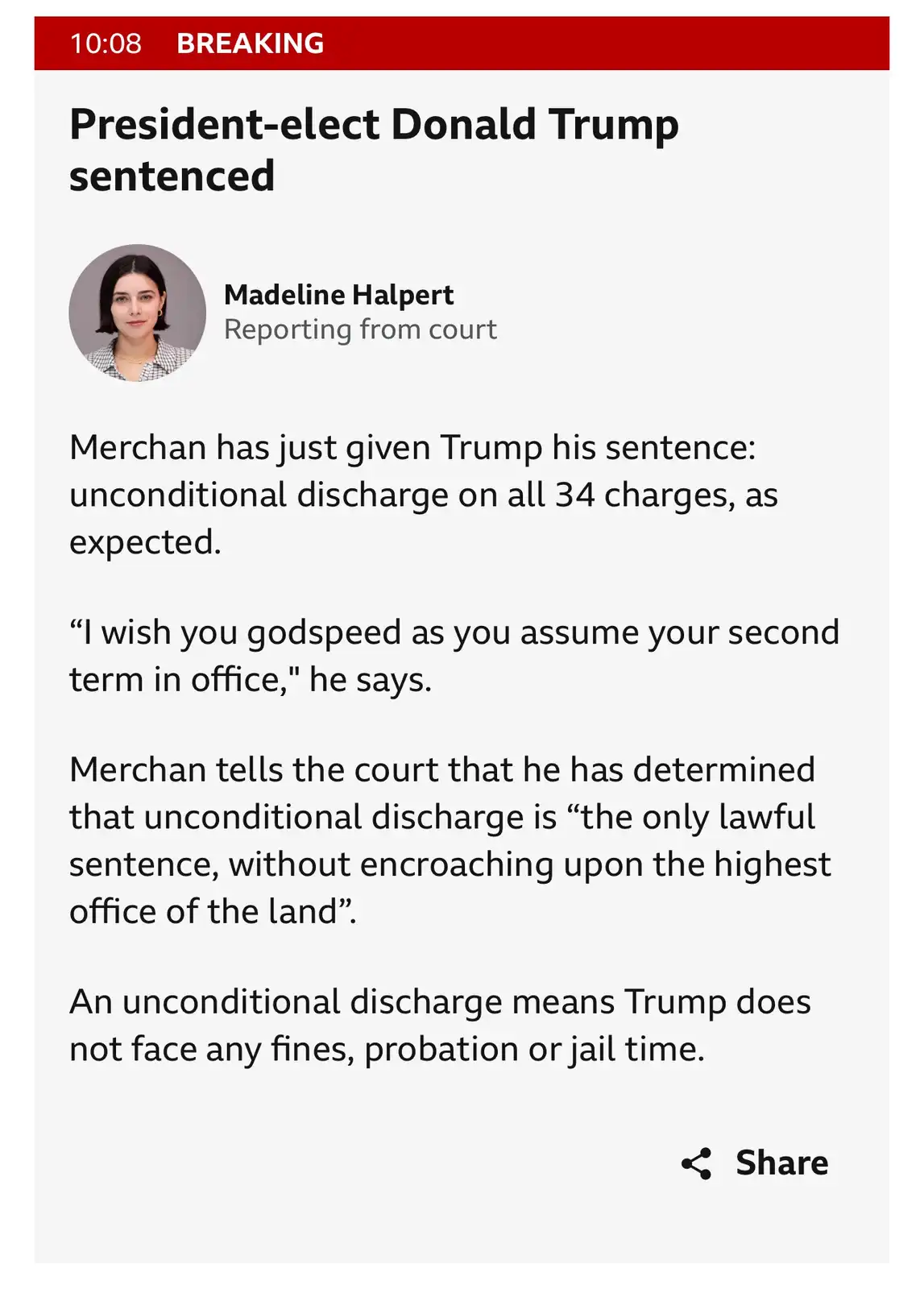 A mock news article with a red 'BREAKING' banner at the top, reporting that President-elect Donald Trump has been sentenced…