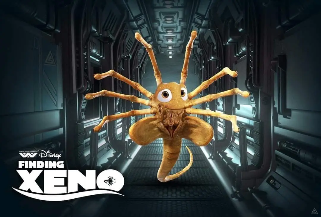 A cartoonish, orange, spider-like alien creature with large eyes and multiple limbs stands in the center of a futuristic…