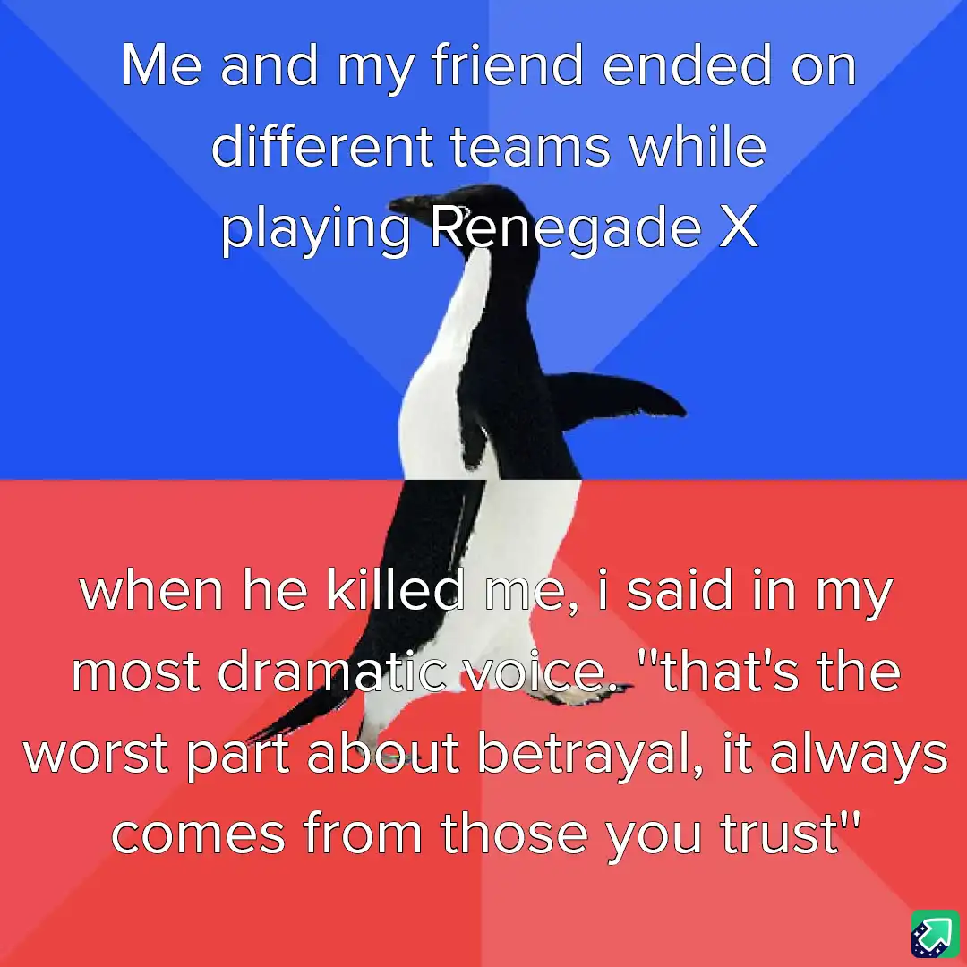 A penguin stands centered against a blue and red background split diagonally. White text overlays the image in two sections…