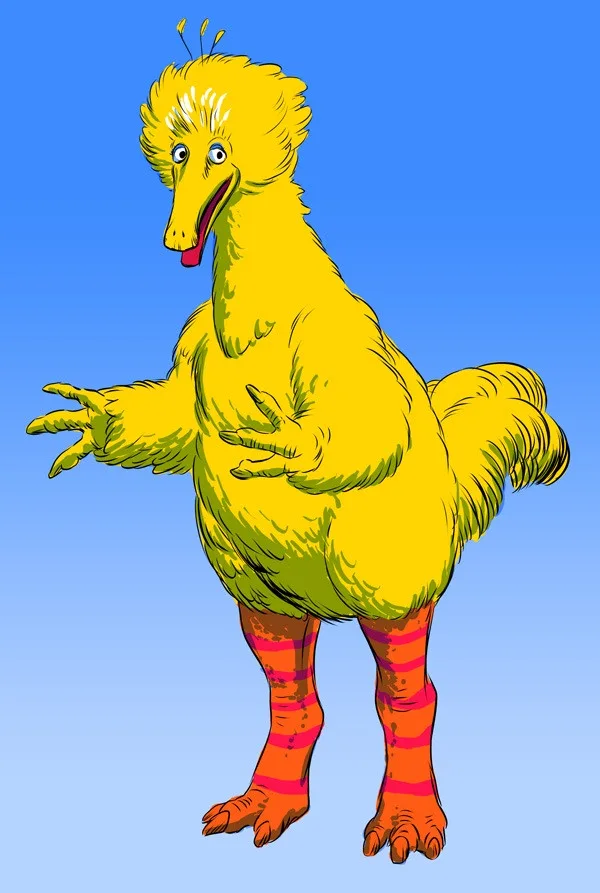 A cartoon illustration of Big Bird, the yellow Muppet character, standing upright against a blue gradient background. He has…