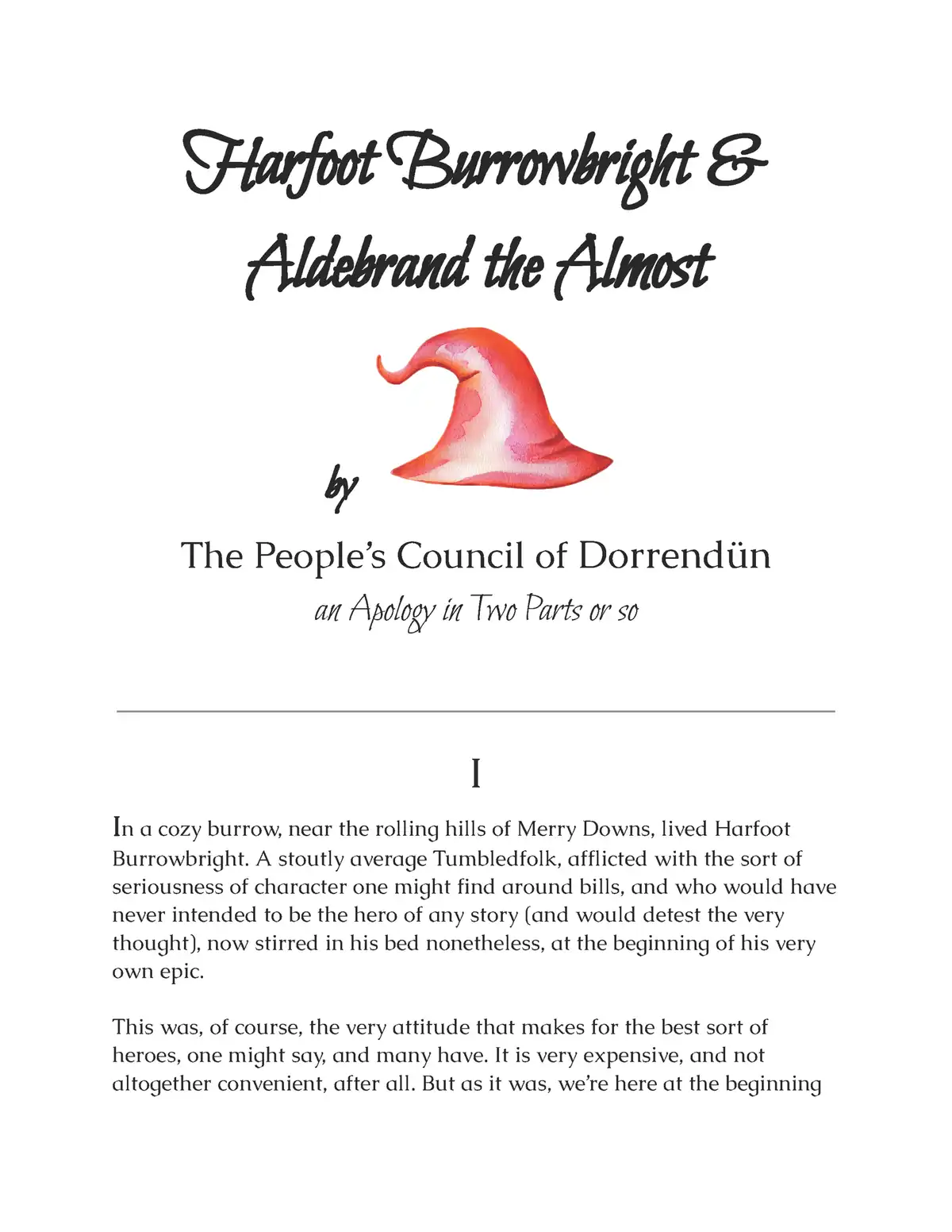 The image displays a mock book cover with a watercolor illustration of a red wizard's hat. The title reads 'Harfoot…