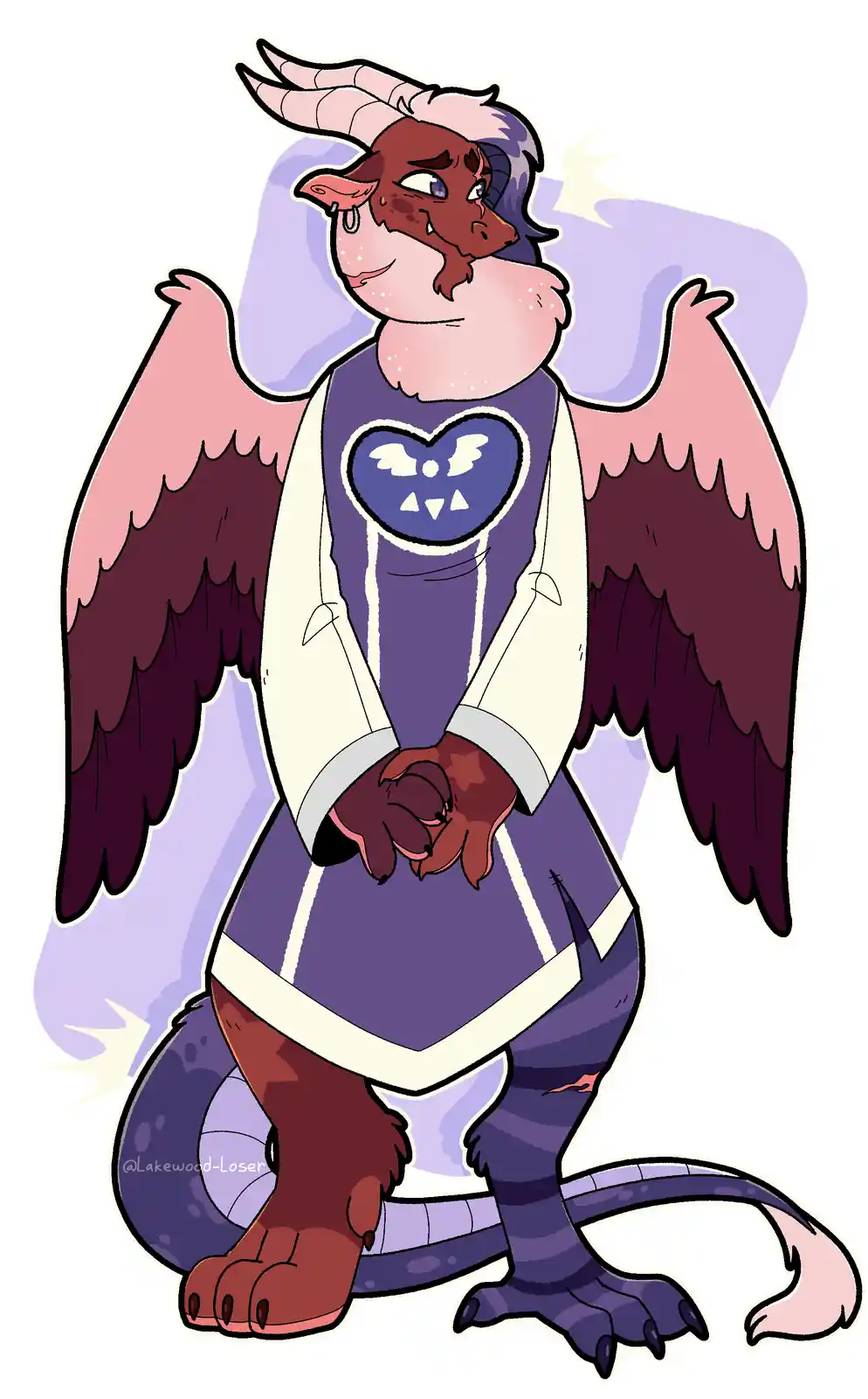 A cartoonish, winged, horned creature with a sad, weary expression sits with hands clasped, wearing a purple and white…