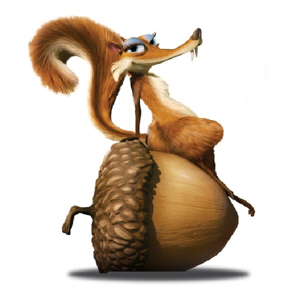 A cartoon squirrel with a long bushy tail and glasses sits atop a giant acorn, looking upward with a smug expression. The…