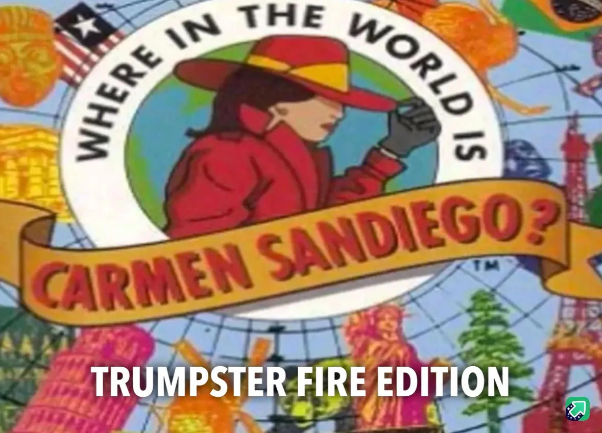 The image displays the title screen of the children's game 'Where in the World is Carmen Sandiego?', featuring the character…